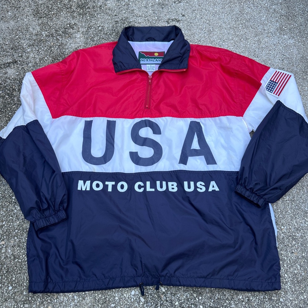 Vintage Northland USA Moto Club Windbreaker XL Red White Blue America Pullover